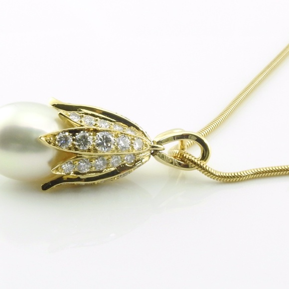 Vintage 18K Yellow Gold Pearl and Diamond Bell Flower Pendant Necklace #1469 - Picture 7 of 9